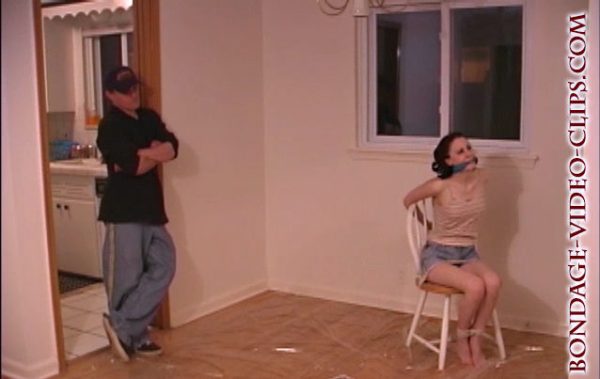 Classic 2000 Bondage! Cutie Tabitha Katz Handgagged & Chair-Tied Barefoot In Denim Shorts