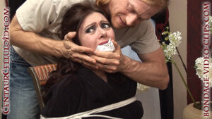 Housewife Natasha Flade Chairtied Barefoot and Topless In Robe, Packing Gagged by Home Intruder