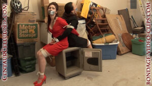 Secretaries Natasha Flade & Julia Faire Tape Gagged & Tied Topless, Back-to-Back, In Office Wear, In a Garage