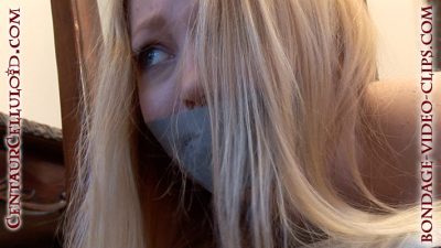 Alternative view of Blonde Sara Liz Bent Over Chair in Stockings! Tape Gagged, Topless, Struggling! (FULL HD - 4:45 min)