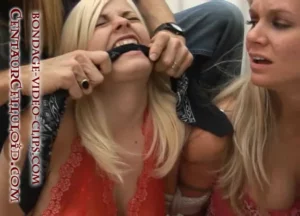 Alternative view of Blonde Babes Danielle Trixie & Angel Lee Tied Up & Double Gagged, Scootch Up Stairs to Phone! (720p - 6:37 min)